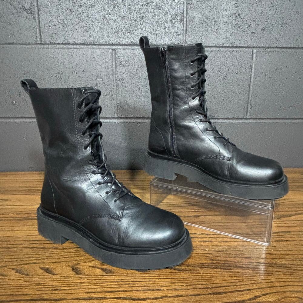 H&M Women’s Black Leather Lace-Up Combat Boots Size 9.5 Chunky Platform Zip